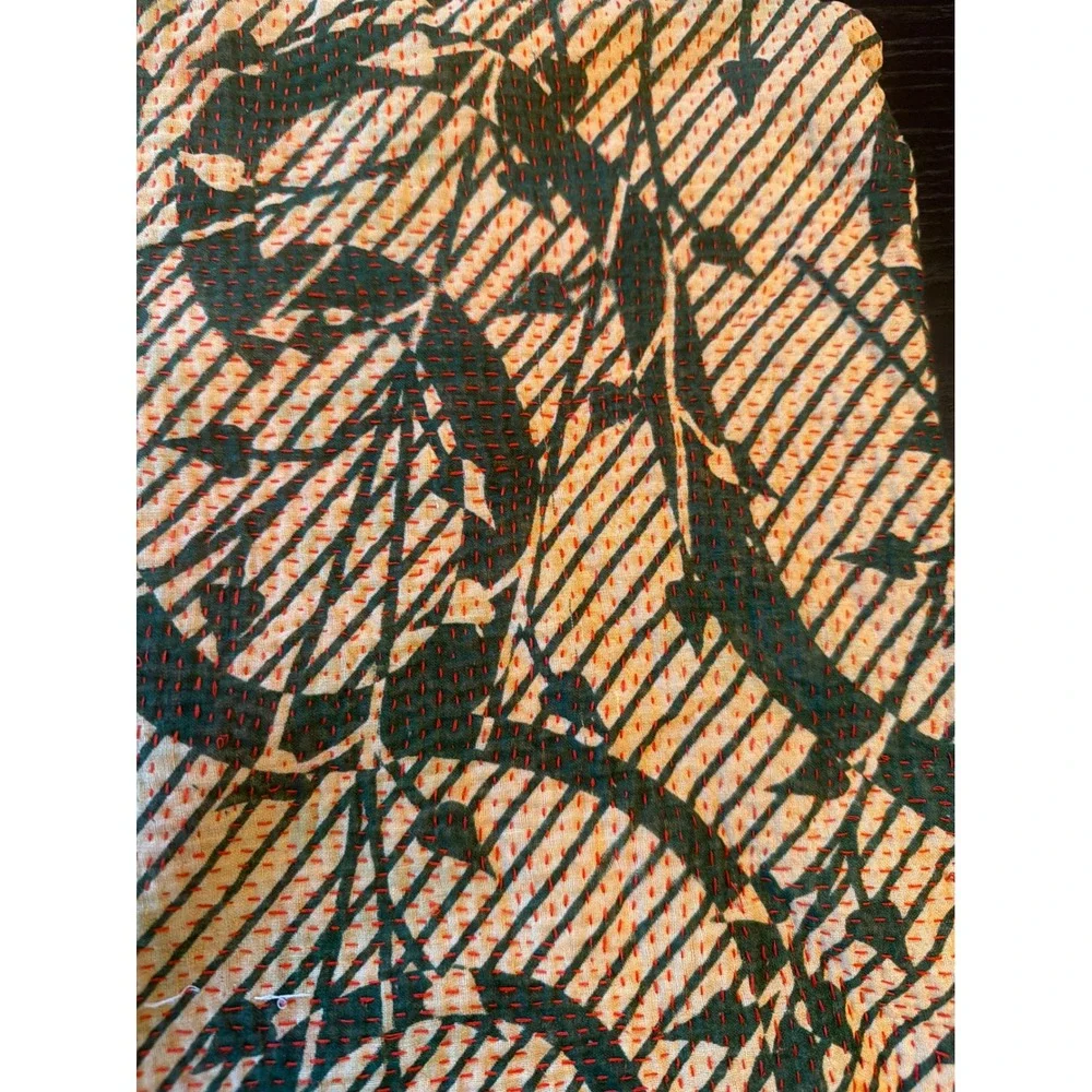 Pillow Cover Green Kantha Stitch Botanical Square Hand Quilted Boho